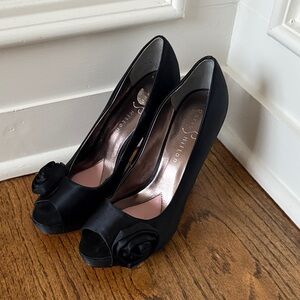 Paris Hilton Black Peep-Toe Heels with Rose Detail